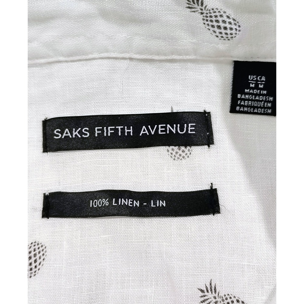 Saks Fifth Avenue Linen Shirt Mens Pineapple Print  Medium White NWT Casual M - Picture 5 of 11